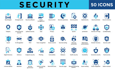 Security icons set with security gate, emergency exit, security software, visitor management, secure server, security awareness, security policy, cybersecurity icon. Simple flat vector 
