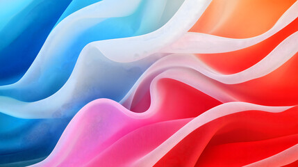 Abstract rippling background of sheer fabrics in blue and red gradient tones, creating an elegant and delicate look. Perfect for fashion and home decor designs.