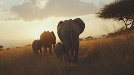 African Elephants at Sunset in the Savannah