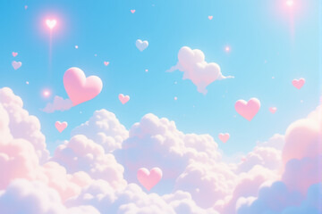 Heart-shaped balloons floating on a soft sky-blue background with clouds.