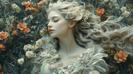A romantic vintage-style portrait of a sleeping beauty surrounded by flowers, featuring soft tones and a tranquil ambiance. Ideal for fashion, art, and creative designs.