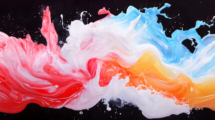 Dynamic abstract scene with flowing and splashing red, blue, orange, and white liquids. Vibrant colors, perfect for advertising, digital art, and creative backgrounds.