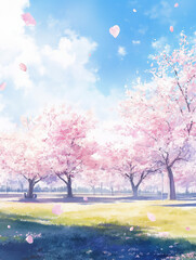 Fototapeta premium 満開の桜 春の公園 青空と舞い散る花びらの絶景