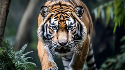 Close-up of a tiger staring at the camera in a forest, showcasing the majesty and mystery of wildlife. Ideal for conservation campaigns and nature designs.
