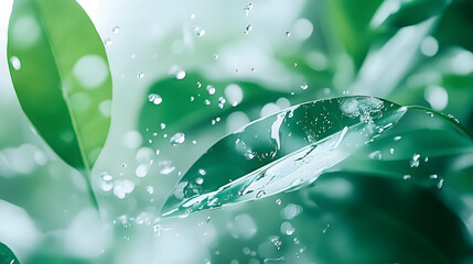 Close-up of water droplets on green leaves, showcasing fresh and natural details. Perfect for eco-friendly campaigns, nature designs, and environmental ads.