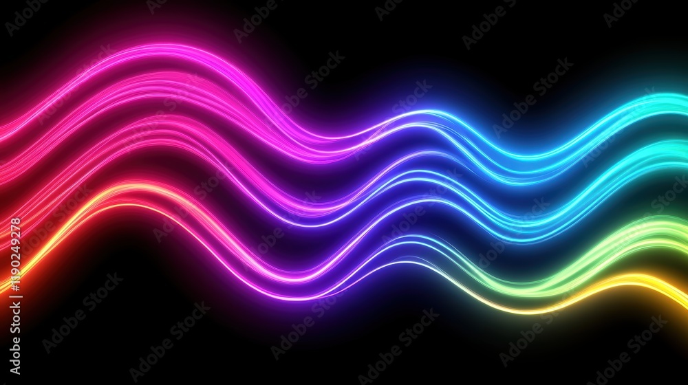Poster a dynamic neon wave pattern with flowing light lines in vibrant, glowing colors