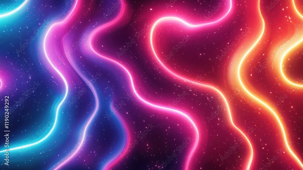 Poster a dynamic neon wave pattern with flowing light lines in vibrant, glowing colors