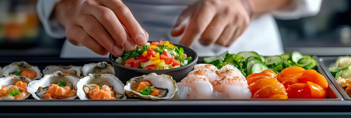 Fototapeta premium Chef prepares a vibrant seafood platter with fresh ingredients.