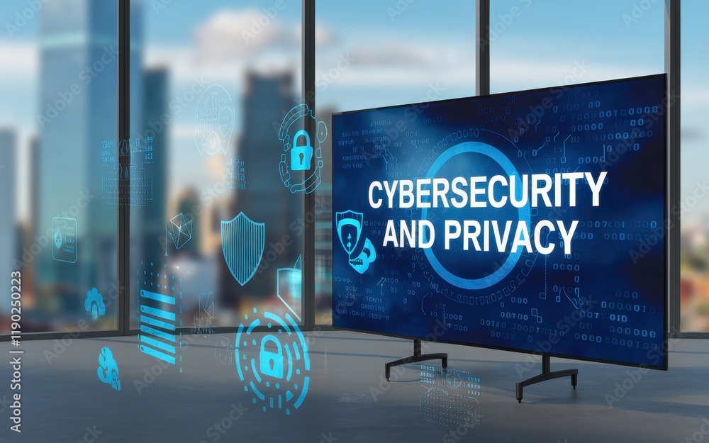 Poster cybersecurity and privacy digital display screen shows data