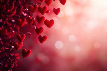 A festive Valentine's-themed background with red hearts floating through the air, set against a soft red and pink gradient