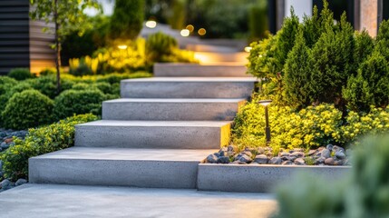 Obraz premium Closeup of Concrete Stairs in Beautifully Landscaped Backyard Garden Planted with Various Shrubs and Bushed and Decorated with Outdoor Garden Lights.