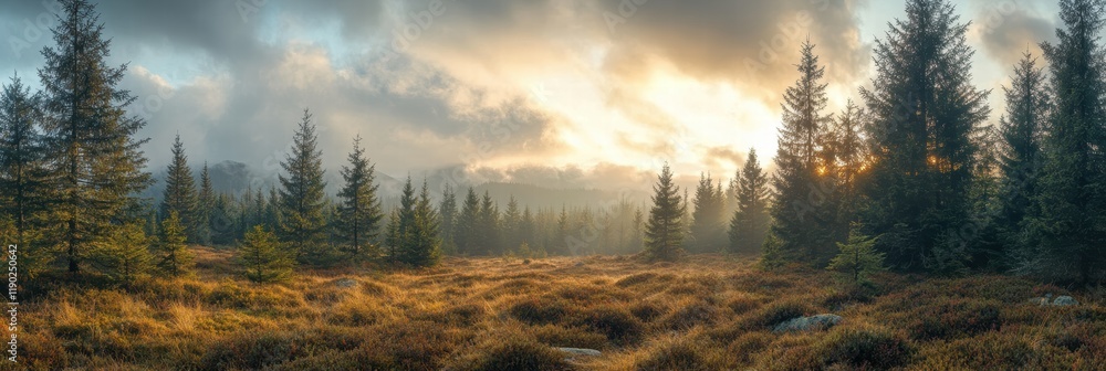 Poster a forest landscape under a cloudy sky, with patches of sunlight filtering through the trees and cast