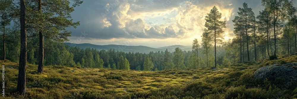 Poster a forest landscape under a cloudy sky, with patches of sunlight filtering through the trees and cast