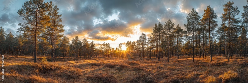 Poster a forest landscape under a cloudy sky, with patches of sunlight filtering through the trees and cast