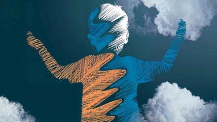 ADHD Metaphor with Boy Silhouette and Dark Sky, Silhouette of Boy Raising Hands Reflecting ADHD Struggles, Visual Metaphor of ADHD with Boy Silhouette