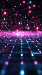 Obraz premium A futuristic, glowing digital grid with neon light reflections on a dark surface