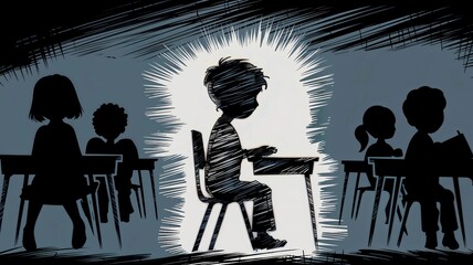 Silhouette Of A Child In Classroom Facing The Wrong Way. ADHD Metaphor with Boy Silhouette in Classroom, Classroom Scene with Boy Silhouette Reflecting ADHD, Silhouette of Child with ADHD in School