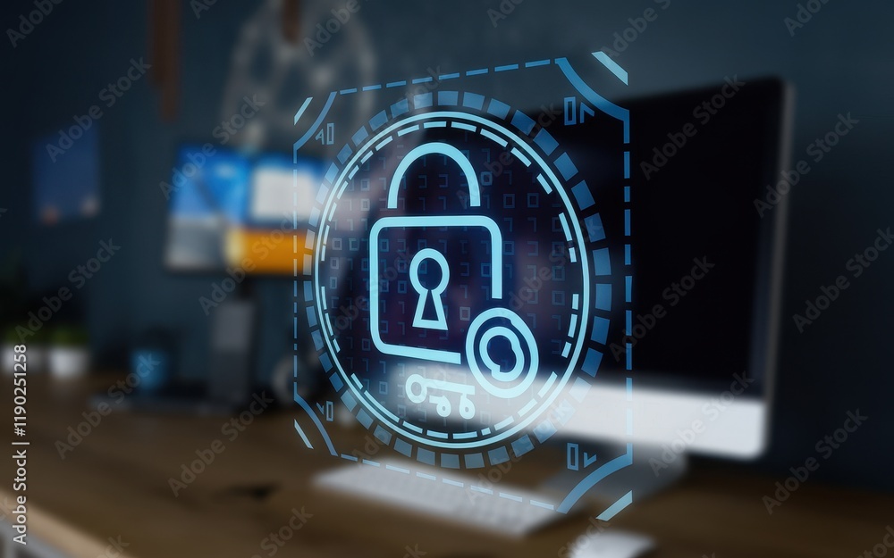 Poster digital security system with padlock and key icon