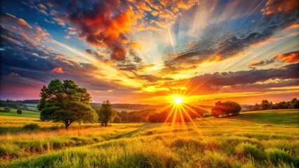 Fototapeta premium Sunset over a vibrant hot summer landscape with lens flare, sunset, golden hour, sunset