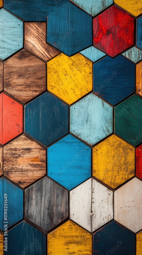 Poster a geometric abstract pattern with colorful hexagons in bright, contrasting colors