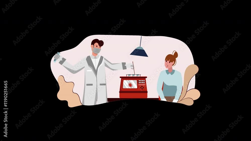 Poster a scientist explaining a process to a curious woman, depicting a respectful interaction in a laborat