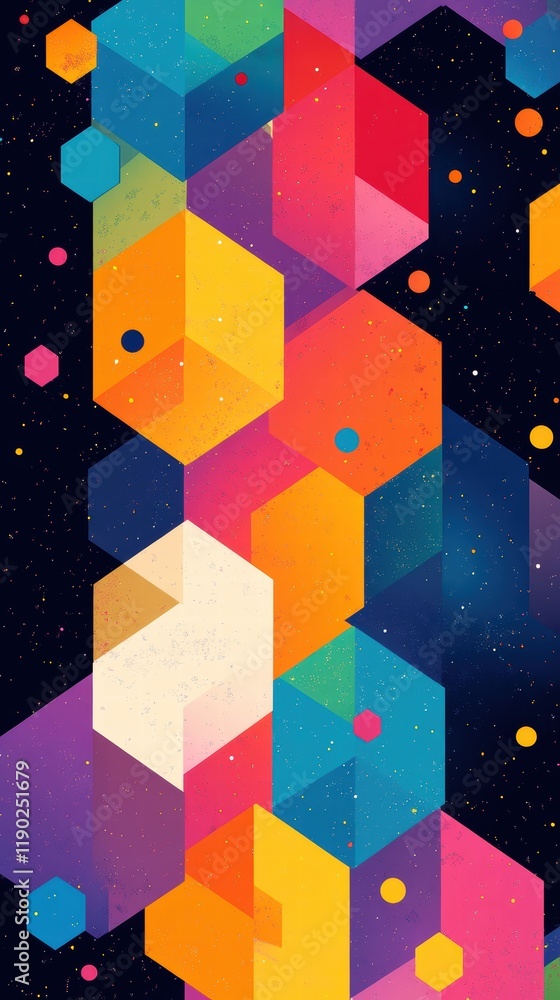 Poster a geometric abstract pattern with colorful hexagons in bright, contrasting colors