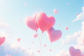 Heart-shaped balloons floating on a soft sky-blue background with clouds.