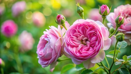 Fototapeta premium Fragrant and delicate Damask rose petals unfolding from their stem , garden blooms