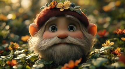 Close-up of a whimsical gnome's head peeking from vibrant flowers.