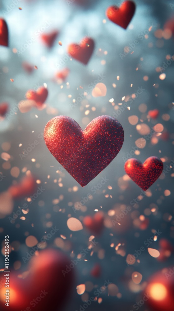 Poster a glowing red heart icon pattern floating in the air, scattered around a calm, neutral-colored backg