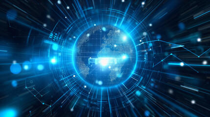 Digital globe with blue light rays and network connections.