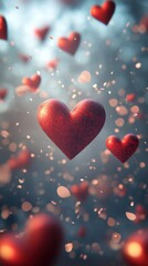 Obraz premium A glowing red heart icon pattern floating in the air, scattered around a calm, neutral-colored background for a serene effect