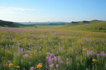 Fototapeta premium A grassy meadow with wildflowers and gentle breezes, soft greens and purples
