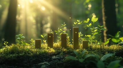 Fototapeta premium A growing bar graph with earthy tones, emerging from a forest floor covered in green moss and plants, with sunlight streaming through the trees