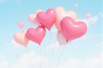 Heart-shaped balloons floating on a soft sky-blue background with clouds.