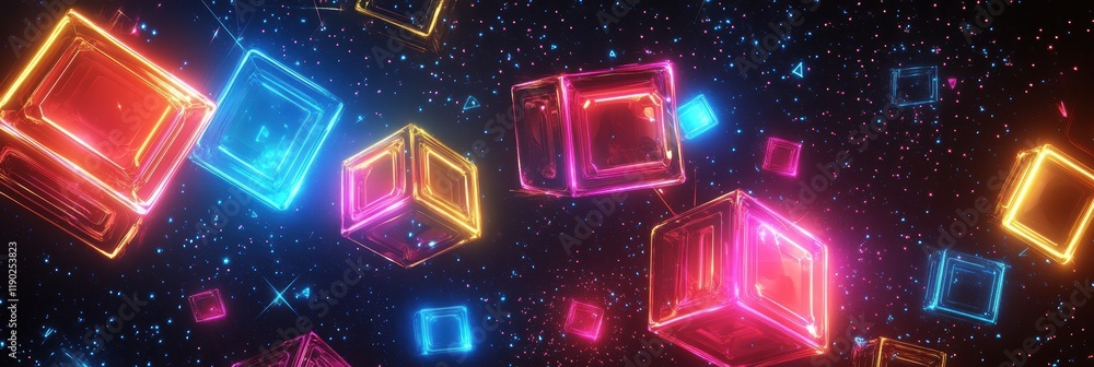 Aufkleber a high-tech neon pattern with glowing cubes and digital elements in bright colors