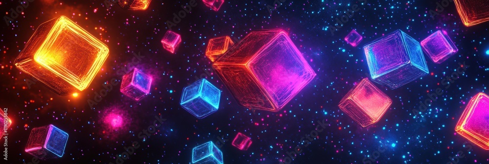 Poster a high-tech neon pattern with glowing cubes and digital elements in bright colors