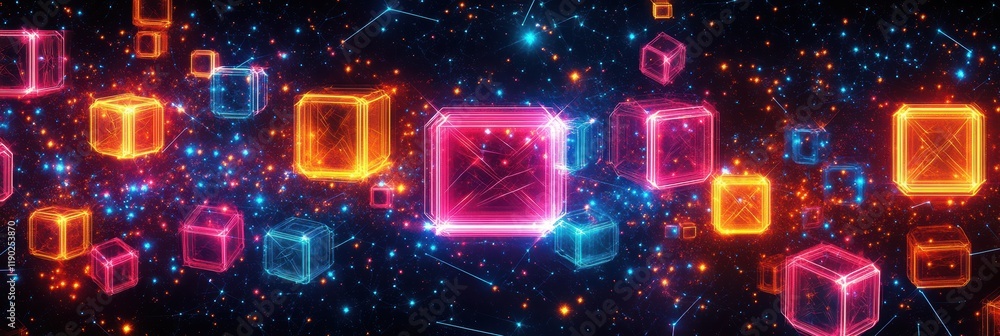 Poster a high-tech neon pattern with glowing cubes and digital elements in bright colors