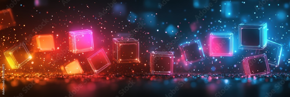 Poster a high-tech neon pattern with glowing cubes and digital elements in bright colors