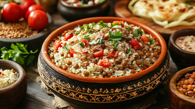 An Egyptian koshari with lentils, rice, pasta, and fried onions, highlighting the role of comfort food in Egyptian culture and its social significance.