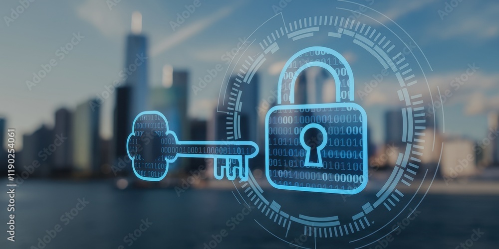 Poster digital key and padlock symbolize secure data protection