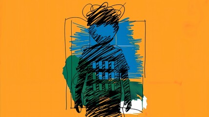 Autism Metaphor with Boy Silhouette Like Abstract Building, Vibrant Orange Background with Shapes and Boy Silhouette, Boy Silhouette Building Reflecting Autism Spectrum