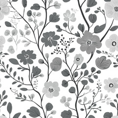 Seamless Black and White Floral Pattern with Elegant Vines