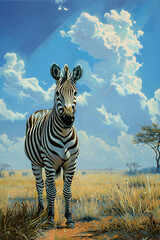 Obraz premium Black and White Stripes in the Wild: Solitary Zebra in the Wide Open Savannah against a Vivid Blue Sky