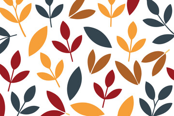 A seamless botanical pattern featuring colorful leaves in vibrant shades of green, orange, and turquoise. Perfect for nature-inspired graphic design, decor, and microstock use.