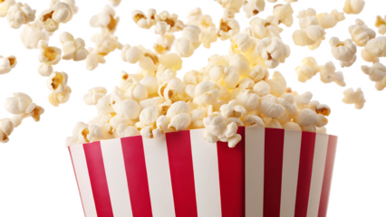 Popcorn flying out of red white striped paper box isolated on white, transparent background, PNG