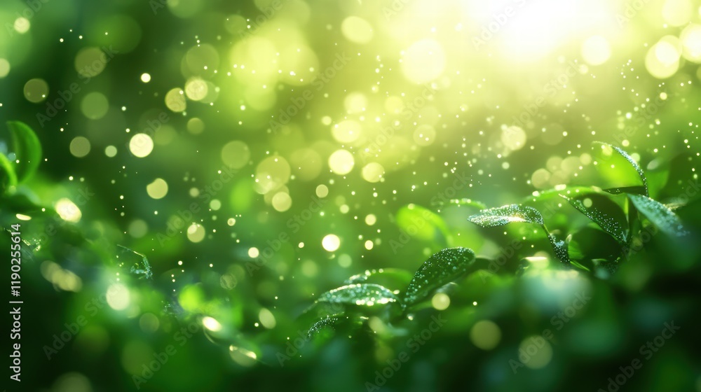 Poster a lush green bokeh background with soft light orbs floating and blending into the background, evokin