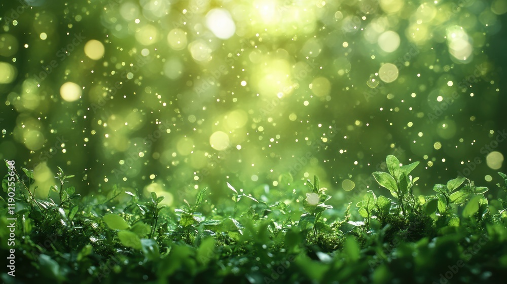 Poster a lush green bokeh background with soft light orbs floating and blending into the background, evokin