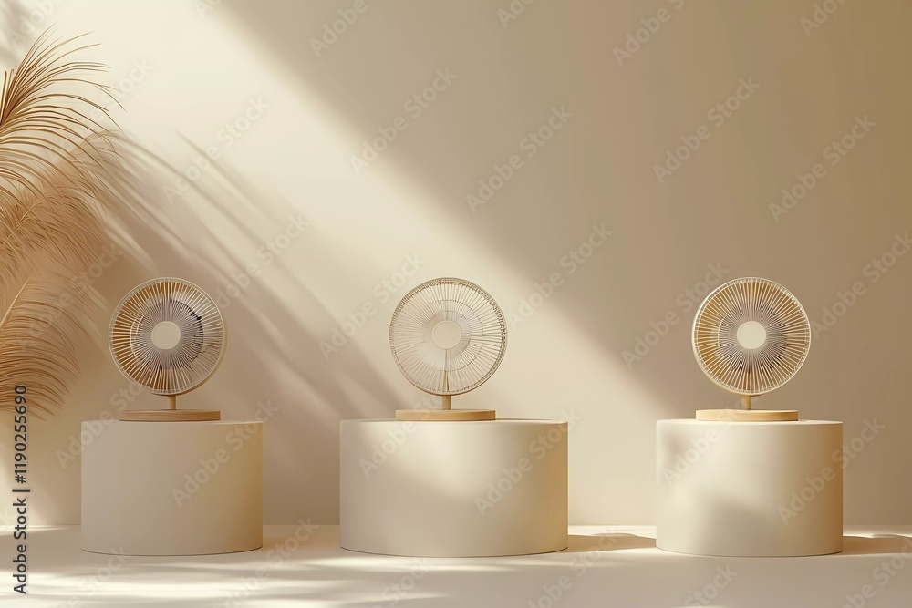 Poster 3d rendering of a beige background with three fans on a podium, in a minimalistic style with a beige