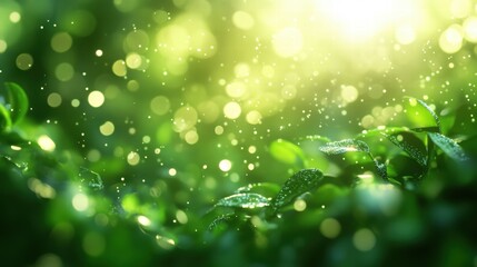 Obraz premium A lush green bokeh background with soft light orbs floating and blending into the background, evoking a natural, organic feel